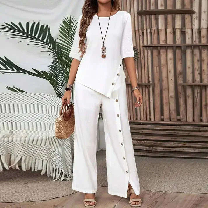 Asymmetrisches Zweiteiler-Set 👗: Asymmetrisches Oberteil + Hose mit einreihiger Knopfleiste — Locker & atmungsaktiv