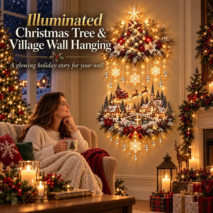 🎄 Beleuchteter Weihnachtsbaum und Weihnachtsdorf als Wandbehang | Warm leuchtende Lichterkette für Wohnzimmer, Eingangsbereiche und Treppenhäuser ✨
