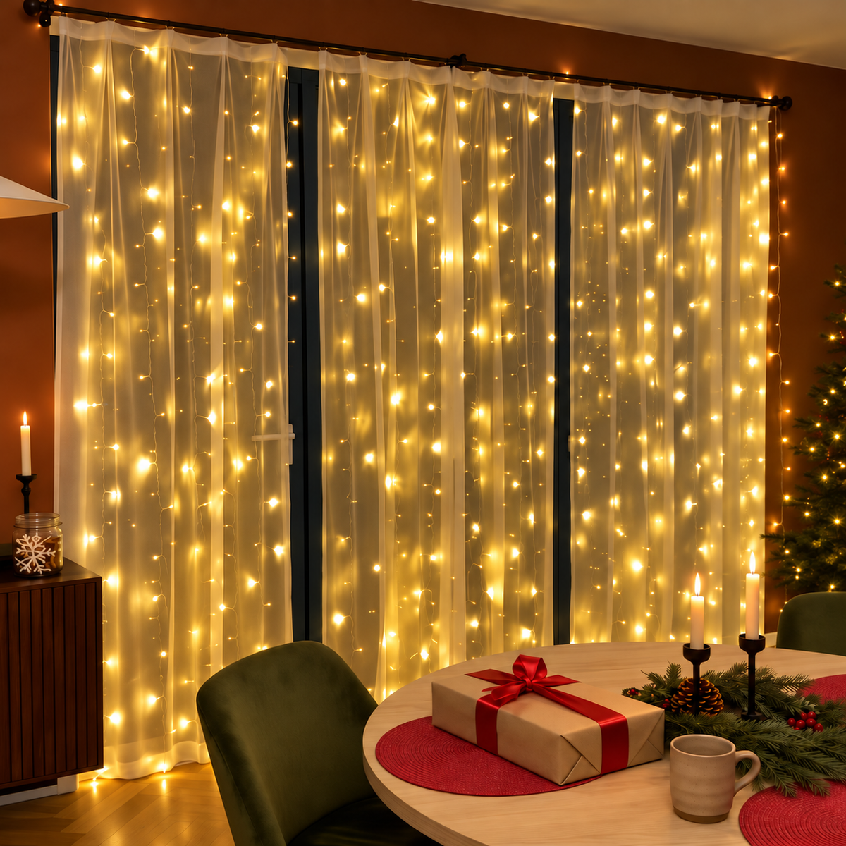 ✨ Warmgelber LED-Lichtervorhang – Einfarbiger Glanz für dein Zuhause