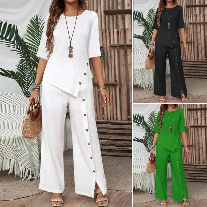 Asymmetrisches Zweiteiler-Set 👗: Asymmetrisches Oberteil + Hose mit einreihiger Knopfleiste — Locker & atmungsaktiv