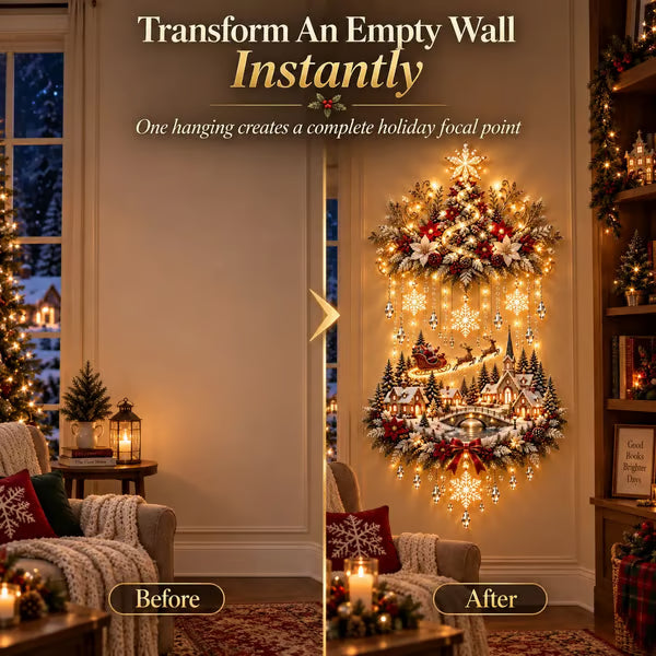 🎄 Beleuchteter Weihnachtsbaum und Weihnachtsdorf als Wandbehang | Warm leuchtende Lichterkette für Wohnzimmer, Eingangsbereiche und Treppenhäuser ✨