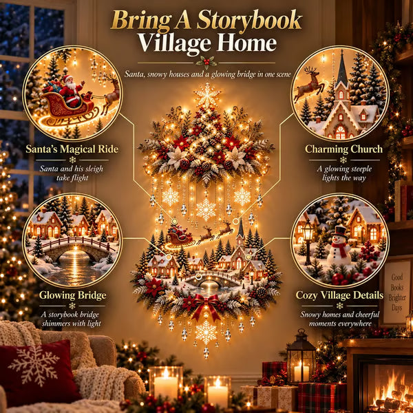 🎄 Beleuchteter Weihnachtsbaum und Weihnachtsdorf als Wandbehang | Warm leuchtende Lichterkette für Wohnzimmer, Eingangsbereiche und Treppenhäuser ✨