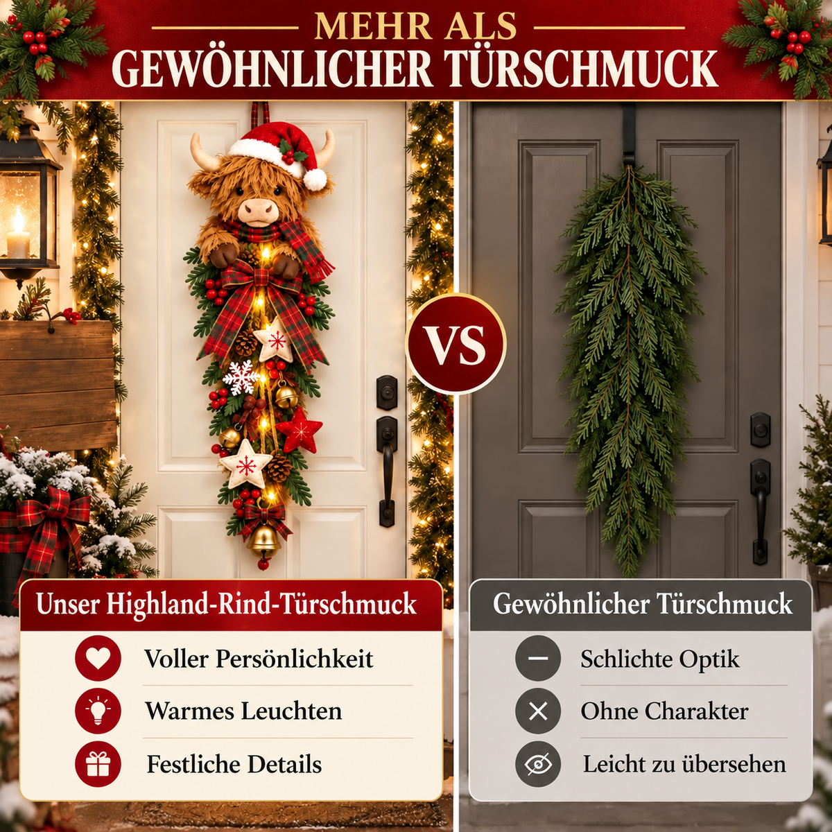 🎄🐮 Beleuchteter Weihnachts-Türschmuck mit Highland-Rind – ein gemütlicher Weihnachtsgruß