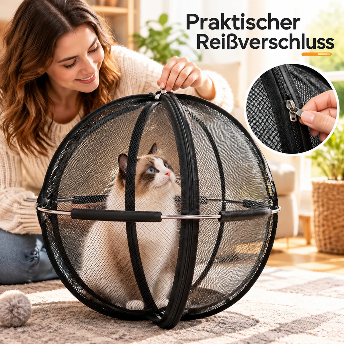 🐱 Faltbares Pop-up-Katzengehege – Rundum-Netz mit Reißverschluss