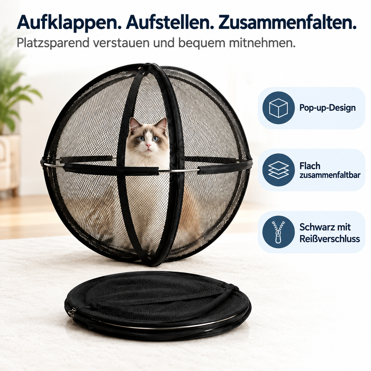🐱 Faltbares Pop-up-Katzengehege – Rundum-Netz mit Reißverschluss