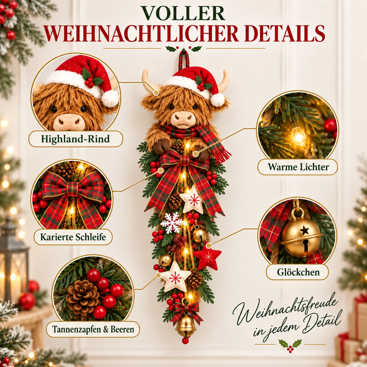🎄🐮 Beleuchteter Weihnachts-Türschmuck mit Highland-Rind – ein gemütlicher Weihnachtsgruß