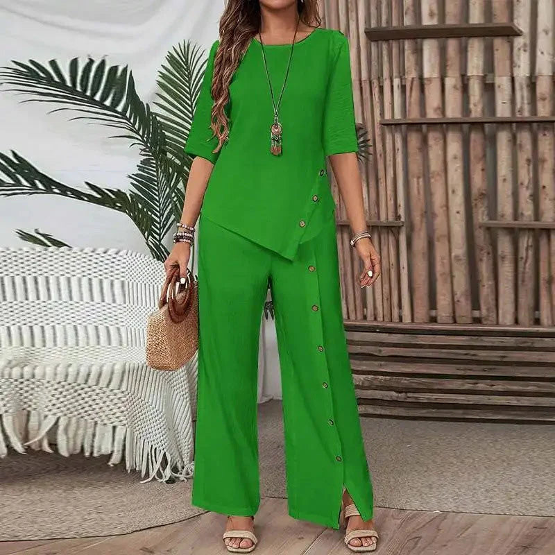 Asymmetrisches Zweiteiler-Set 👗: Asymmetrisches Oberteil + Hose mit einreihiger Knopfleiste — Locker & atmungsaktiv
