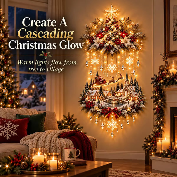 🎄 Beleuchteter Weihnachtsbaum und Weihnachtsdorf als Wandbehang | Warm leuchtende Lichterkette für Wohnzimmer, Eingangsbereiche und Treppenhäuser ✨