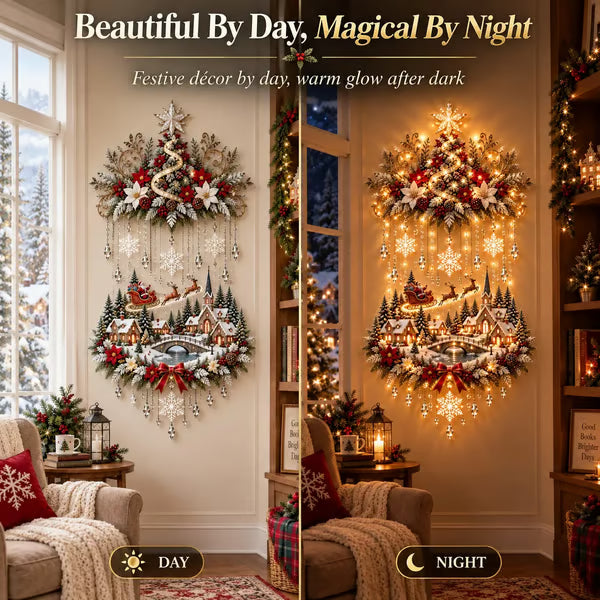 🎄 Beleuchteter Weihnachtsbaum und Weihnachtsdorf als Wandbehang | Warm leuchtende Lichterkette für Wohnzimmer, Eingangsbereiche und Treppenhäuser ✨