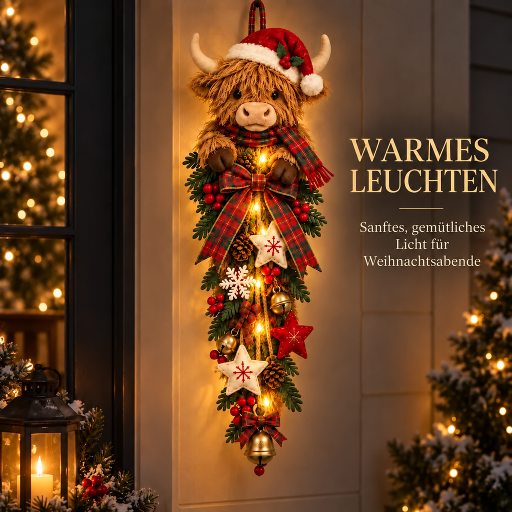 🎄🐮 Beleuchteter Weihnachts-Türschmuck mit Highland-Rind – ein gemütlicher Weihnachtsgruß