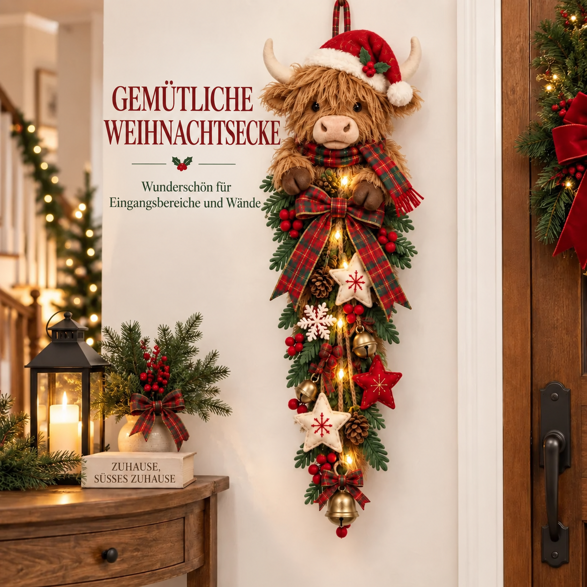 🎄🐮 Beleuchteter Weihnachts-Türschmuck mit Highland-Rind – ein gemütlicher Weihnachtsgruß