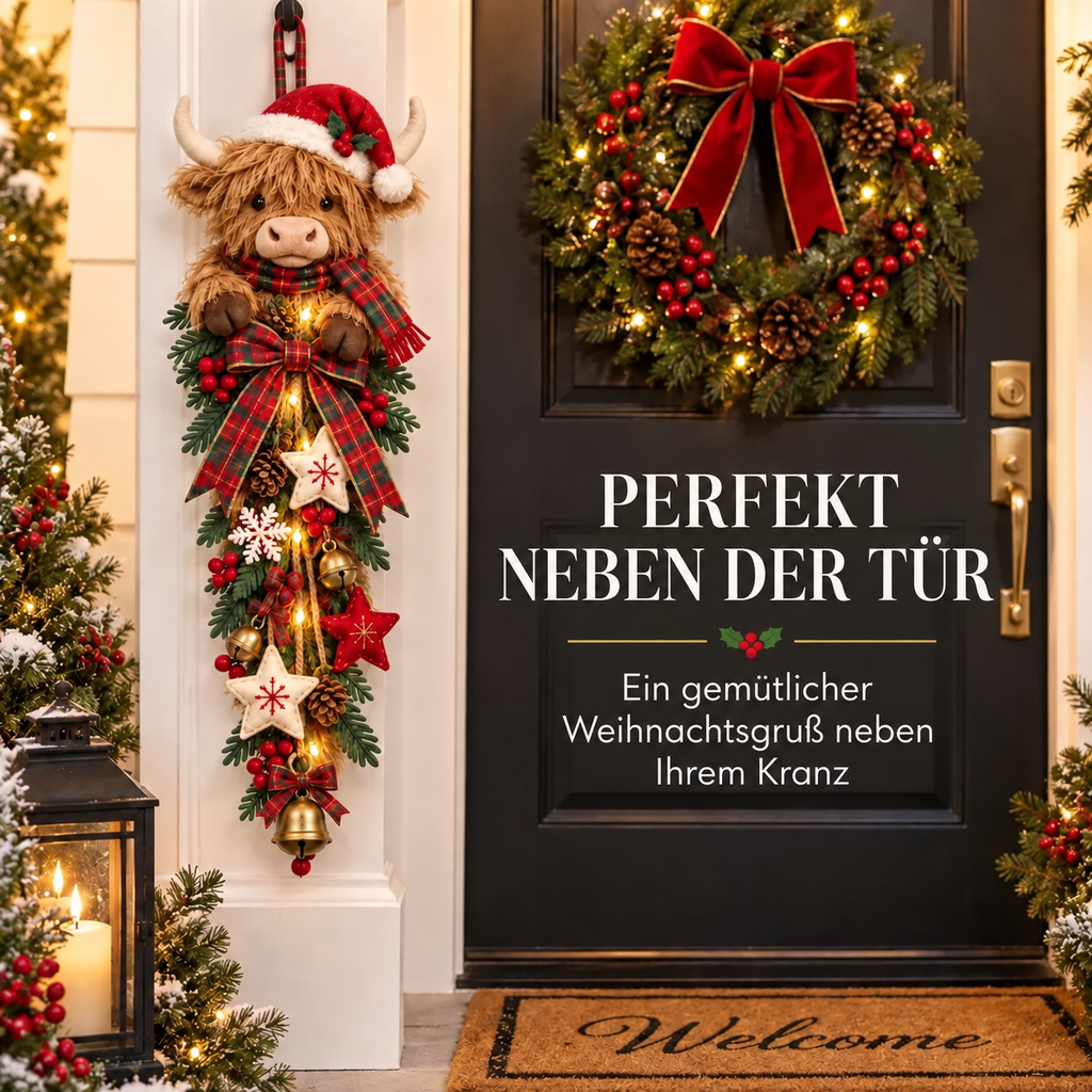 🎄🐮 Beleuchteter Weihnachts-Türschmuck mit Highland-Rind – ein gemütlicher Weihnachtsgruß