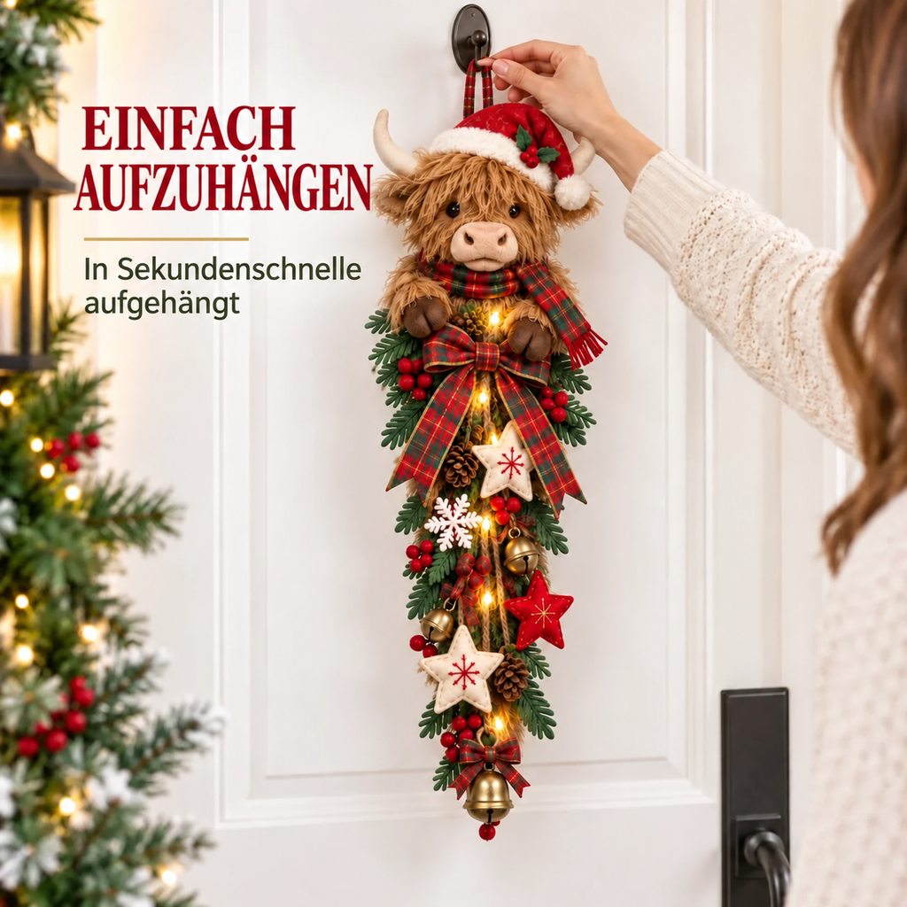 🎄🐮 Beleuchteter Weihnachts-Türschmuck mit Highland-Rind – ein gemütlicher Weihnachtsgruß