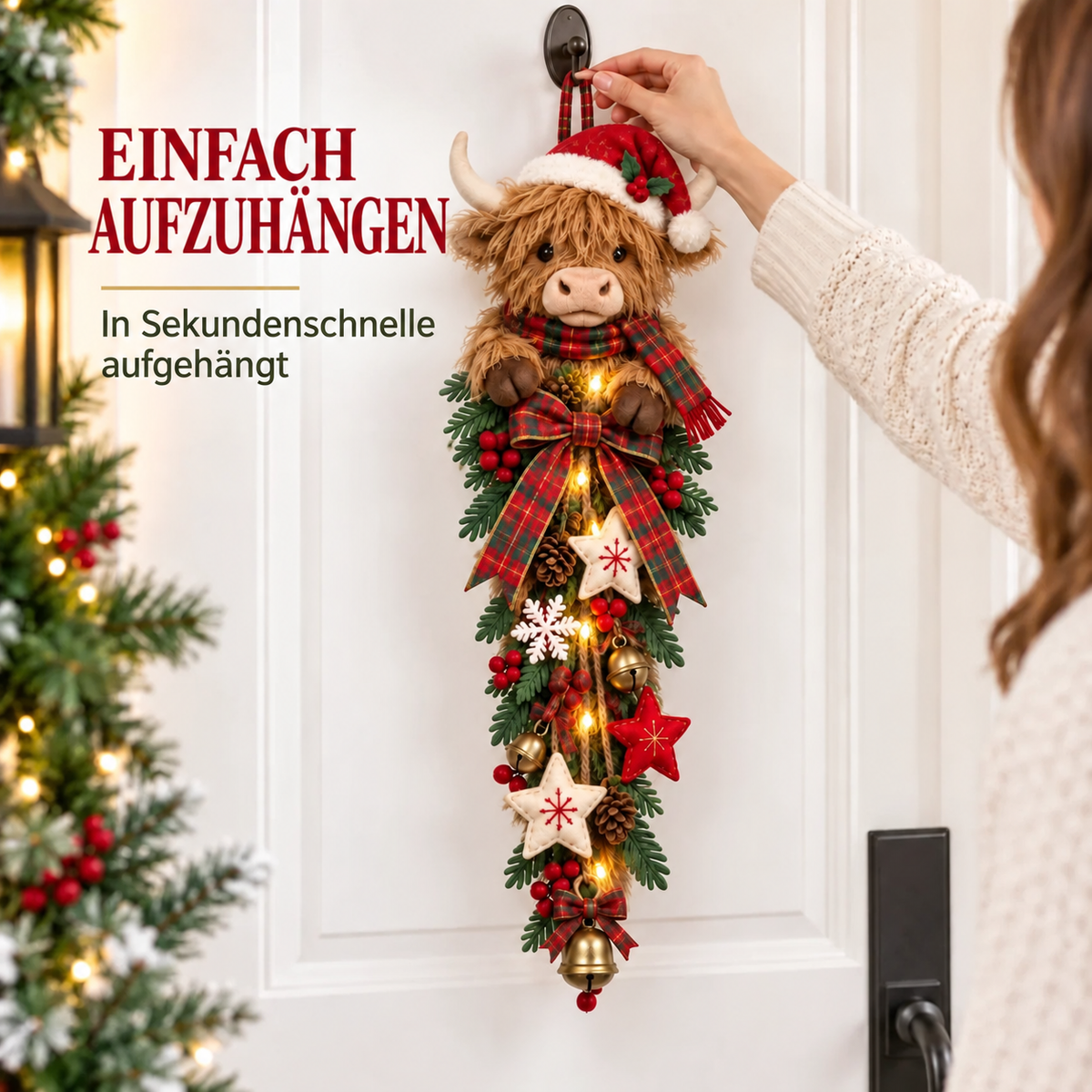 🎄🐮 Beleuchteter Weihnachts-Türschmuck mit Highland-Rind – ein gemütlicher Weihnachtsgruß