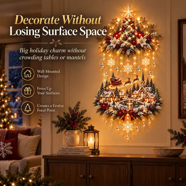 🎄 Beleuchteter Weihnachtsbaum und Weihnachtsdorf als Wandbehang | Warm leuchtende Lichterkette für Wohnzimmer, Eingangsbereiche und Treppenhäuser ✨